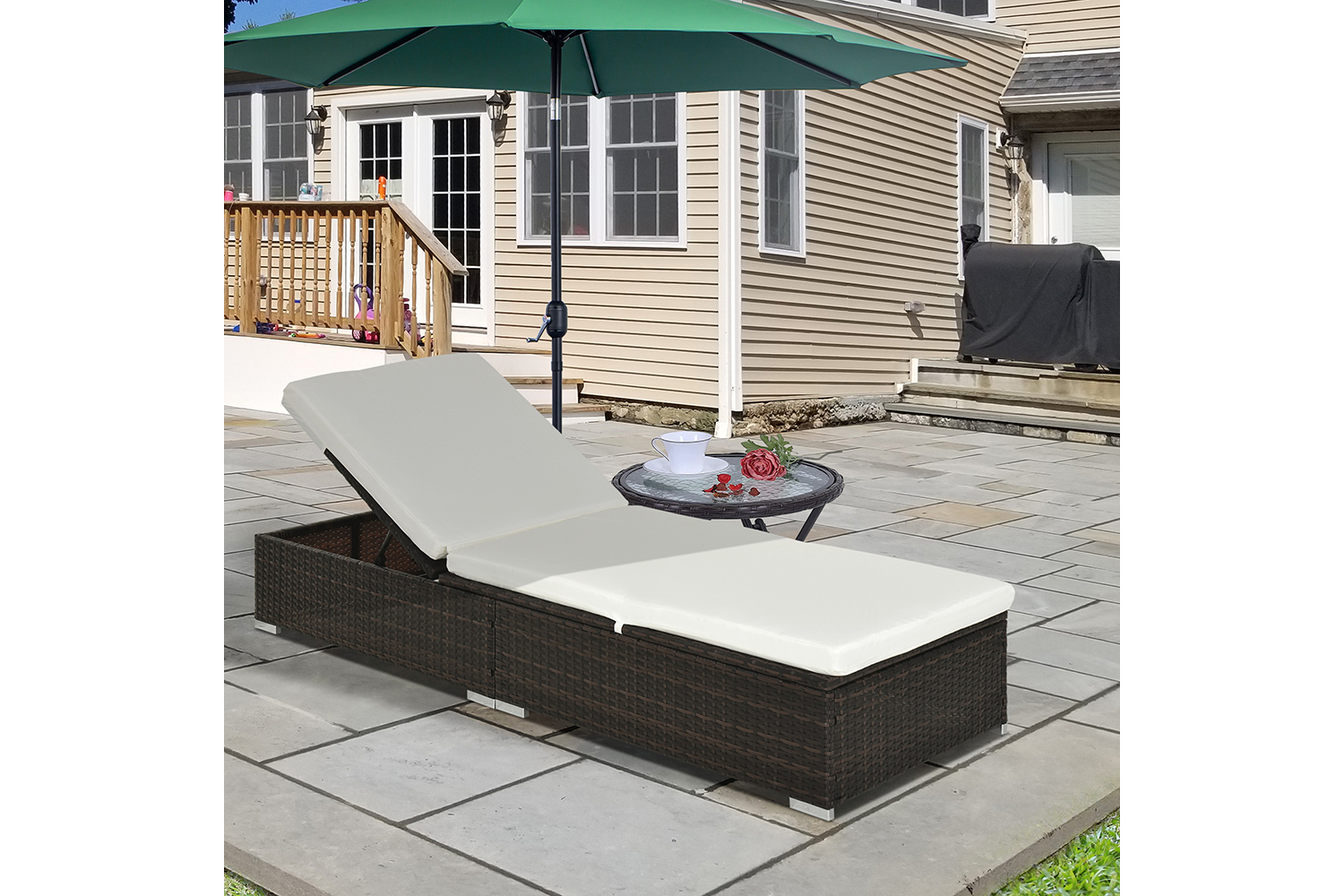 Outsunny Sun Lounger Single Adjustable Recliner Day Bed | Brown/Cream White