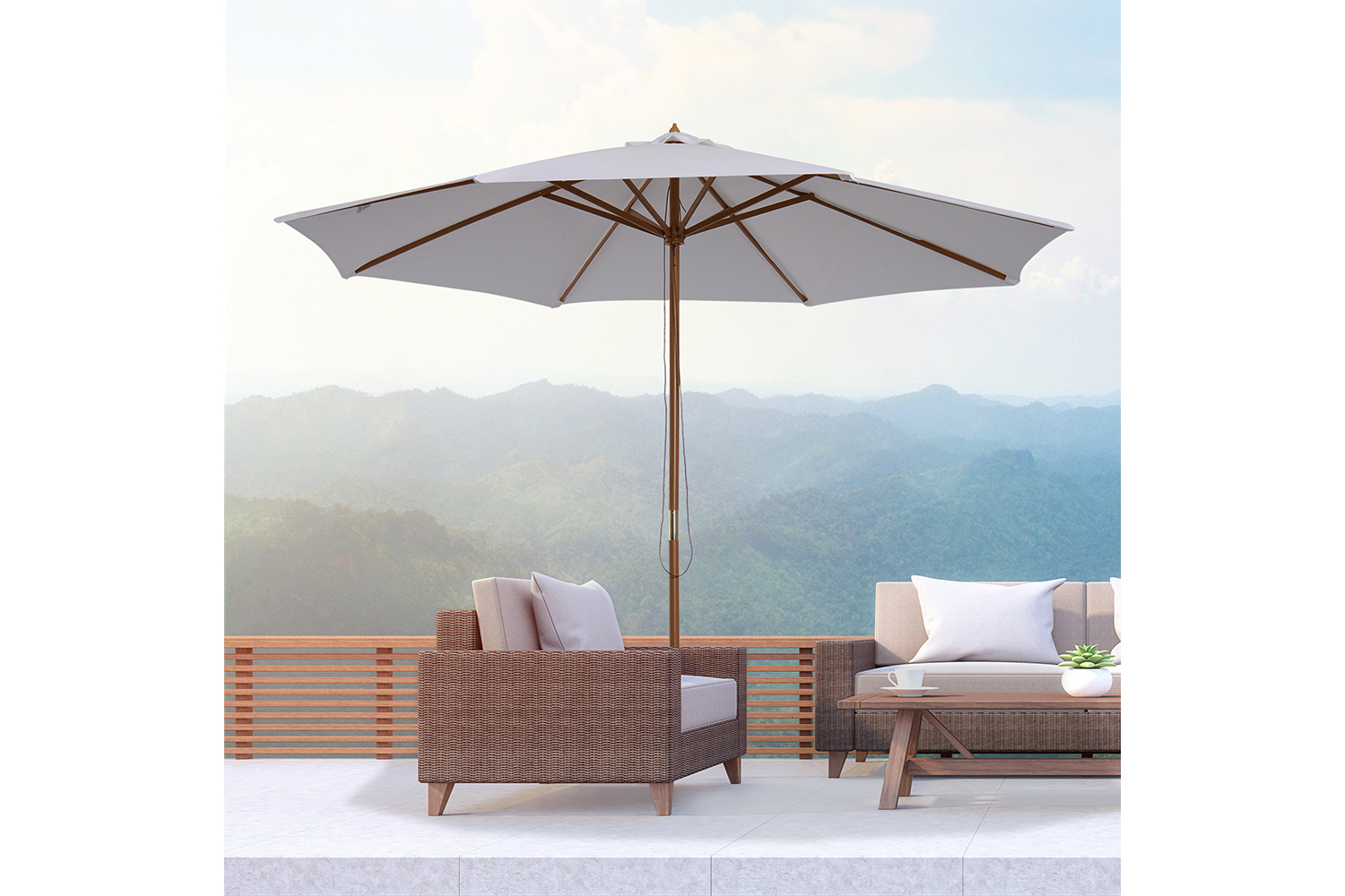 Outsunny Round Wooden Sun Parasol Umbrella | Cream White