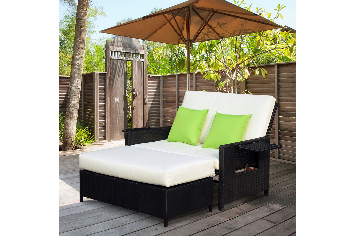 Outsunny 2 Seater Rattan Day Bed with 2 Hinged Side Table | Black
