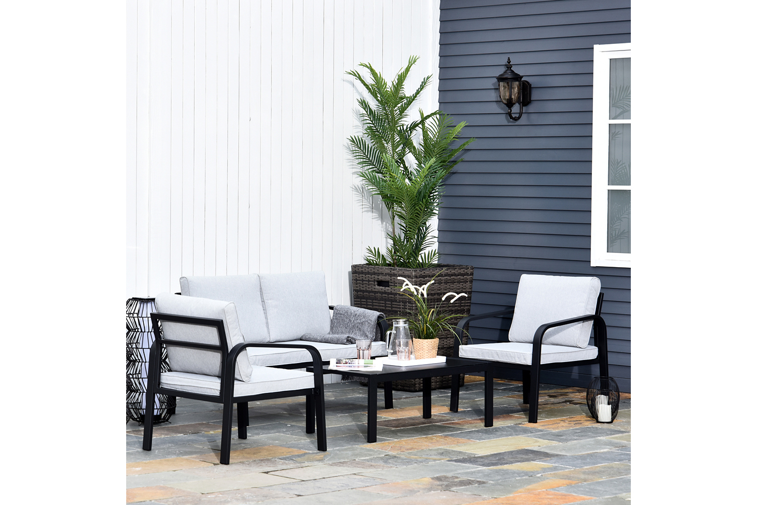 Outsunny Garden Dining Set Glass Top Table with Cushions | Grey | Set of 4