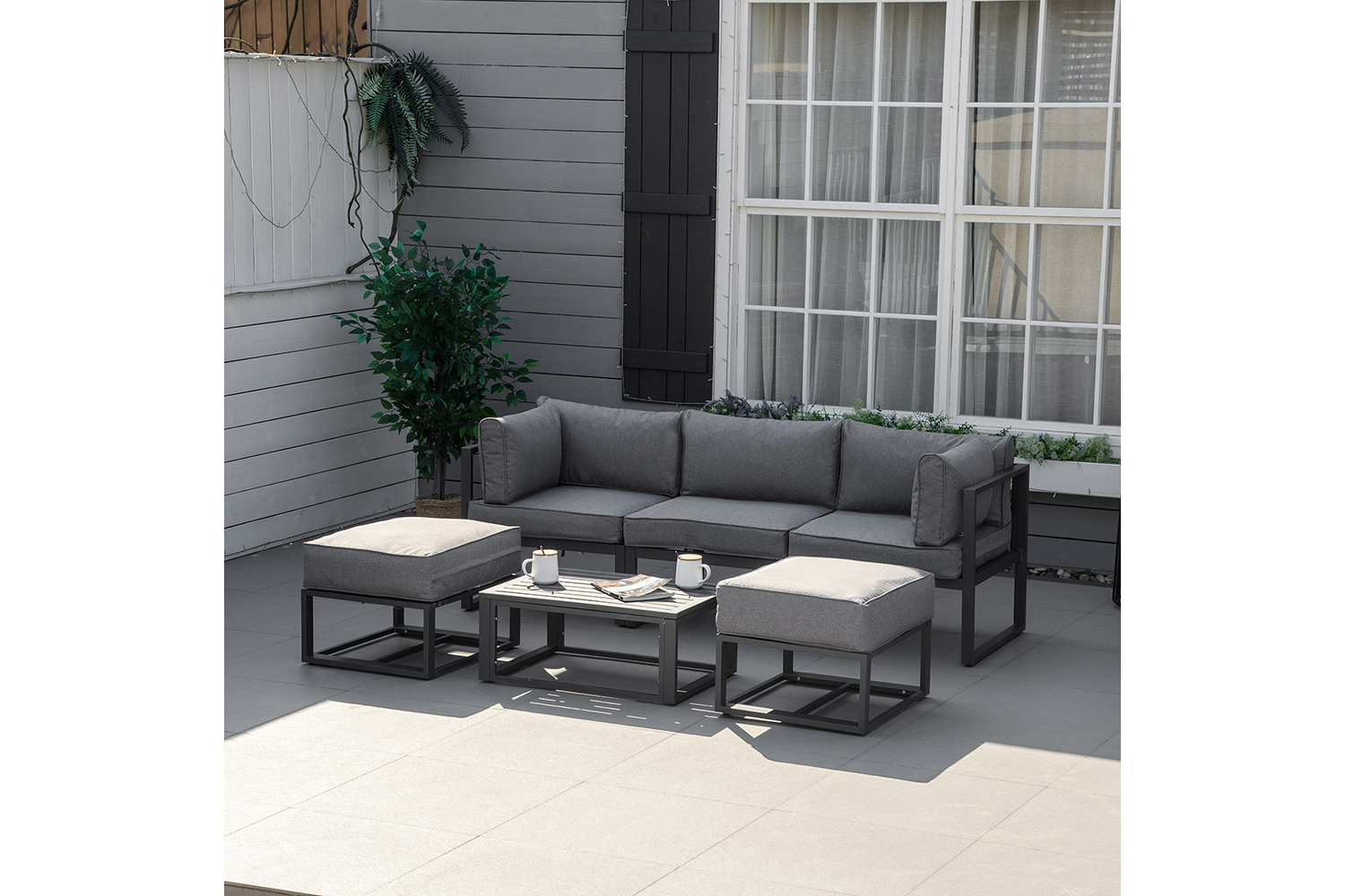 Outsunny Outdoor Sectional Sofa Set with Coffee Table and Cushions | 6 Pieces | Grey