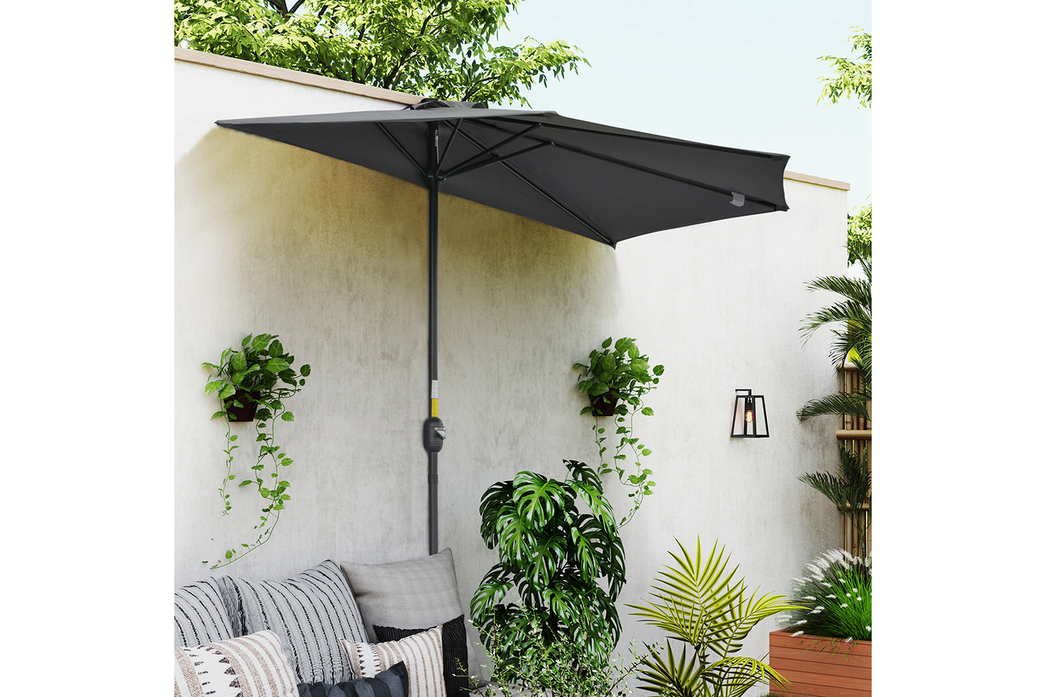 Outsunny 3 m Half Round Umbrella Parasol | Grey