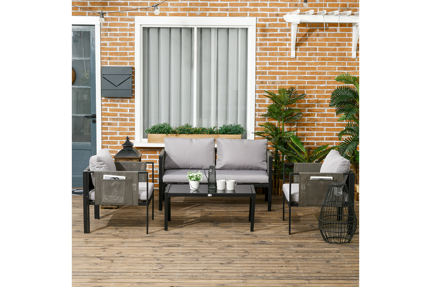 Outsunny Metal Garden Furniture Set with Glass Table & Cushions | Grey | 4 Pieces