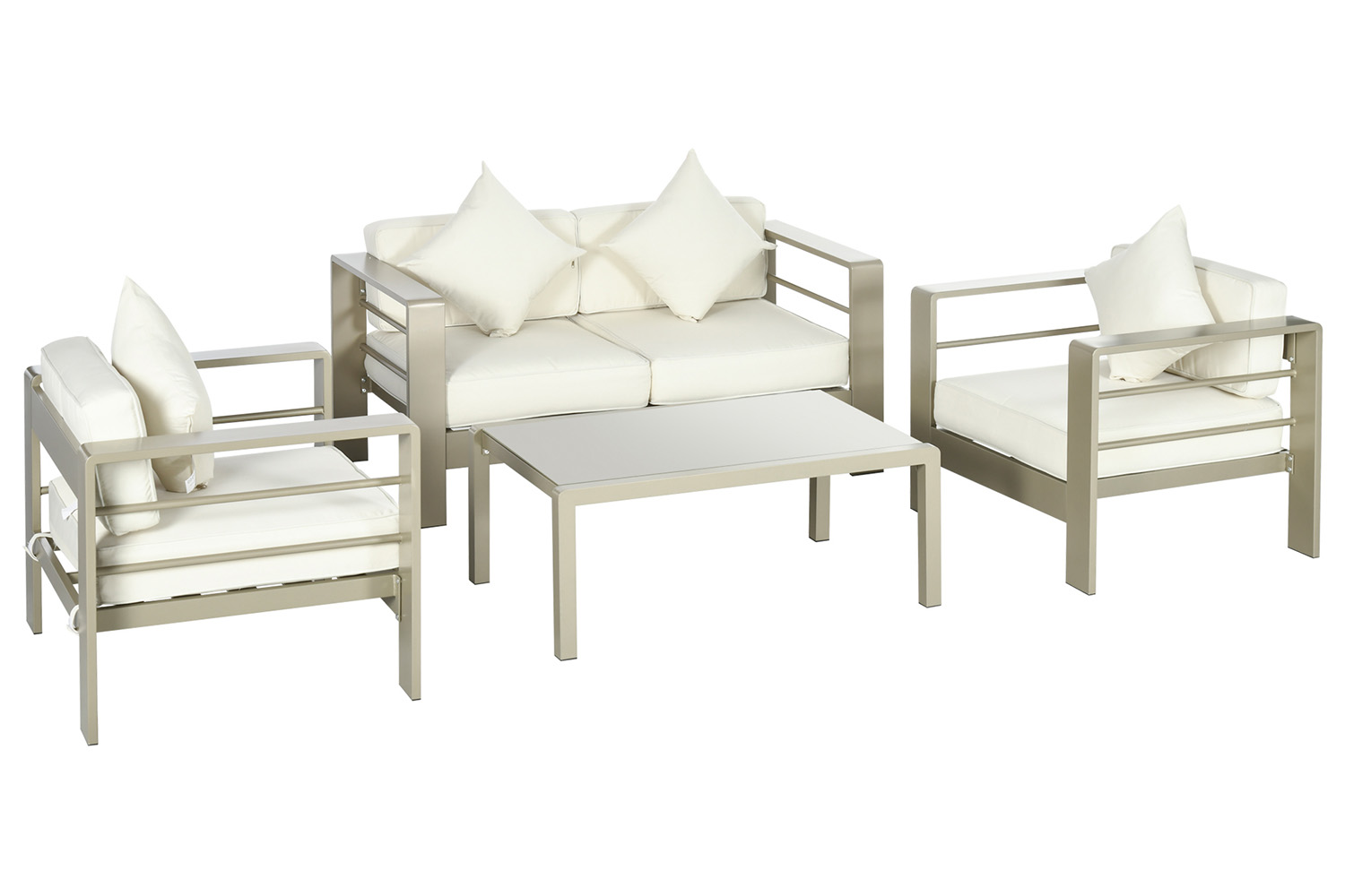 Outsunny Outdoor Garden Furniture Set with 2 Chairs, and Glass Top Table | Champagne gold/Light Khaki | 4 Pieces