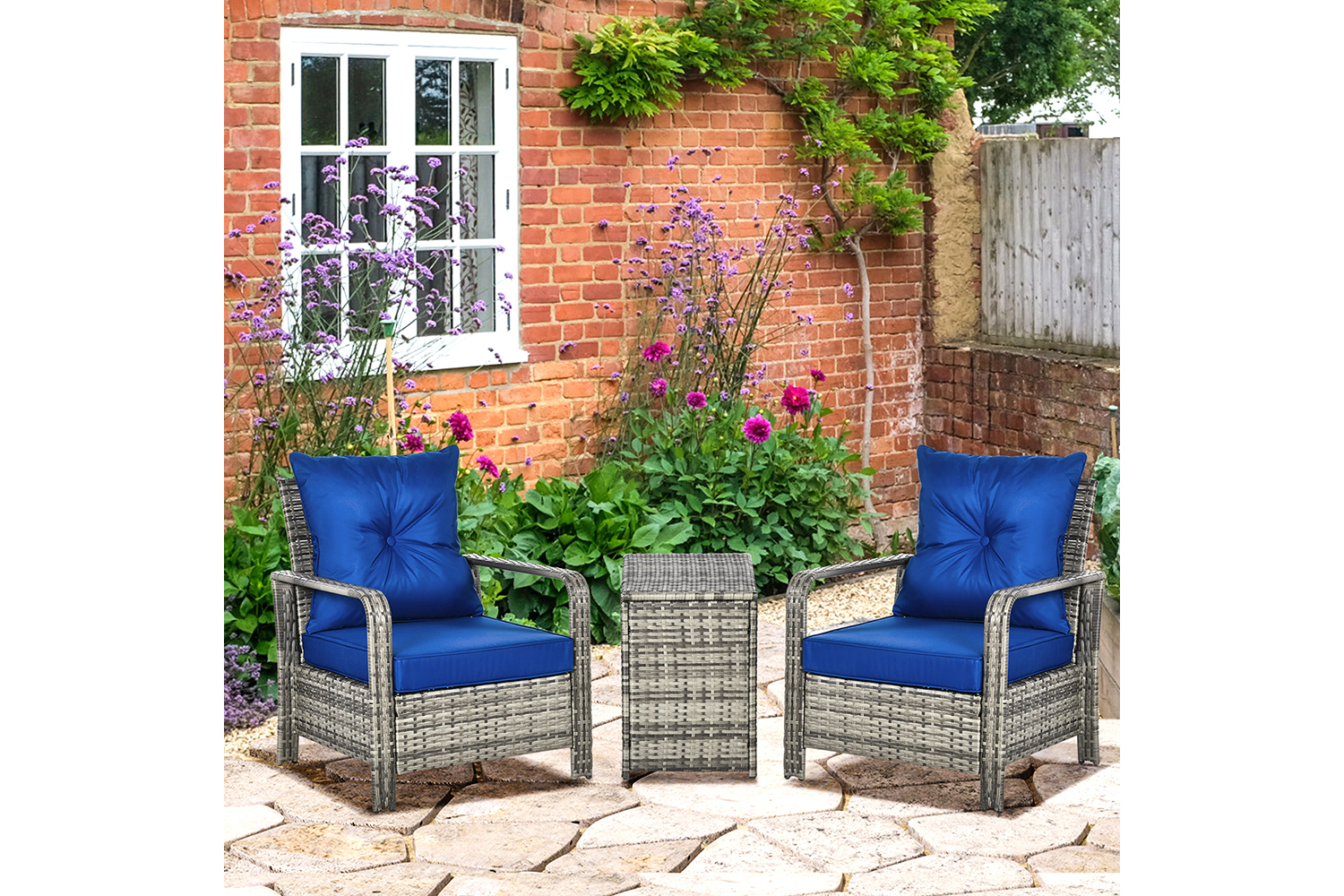 Outsunny PE Rattan Garden Seating Set with 2 Padded Chair Storage Table | 3 Pieces