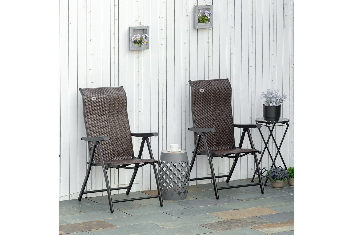 Outsunny Wicker Folding Armrests Chair Set | Red Brown | 2 Pieces