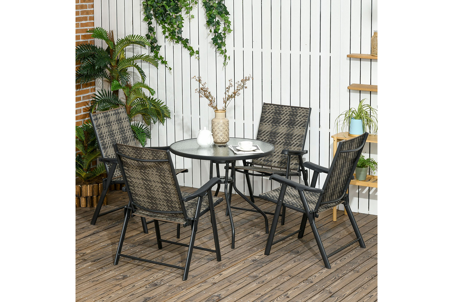 Outsunny Rattan Dining Set with Folding Armchair | Mixed Grey | 5 Pieces