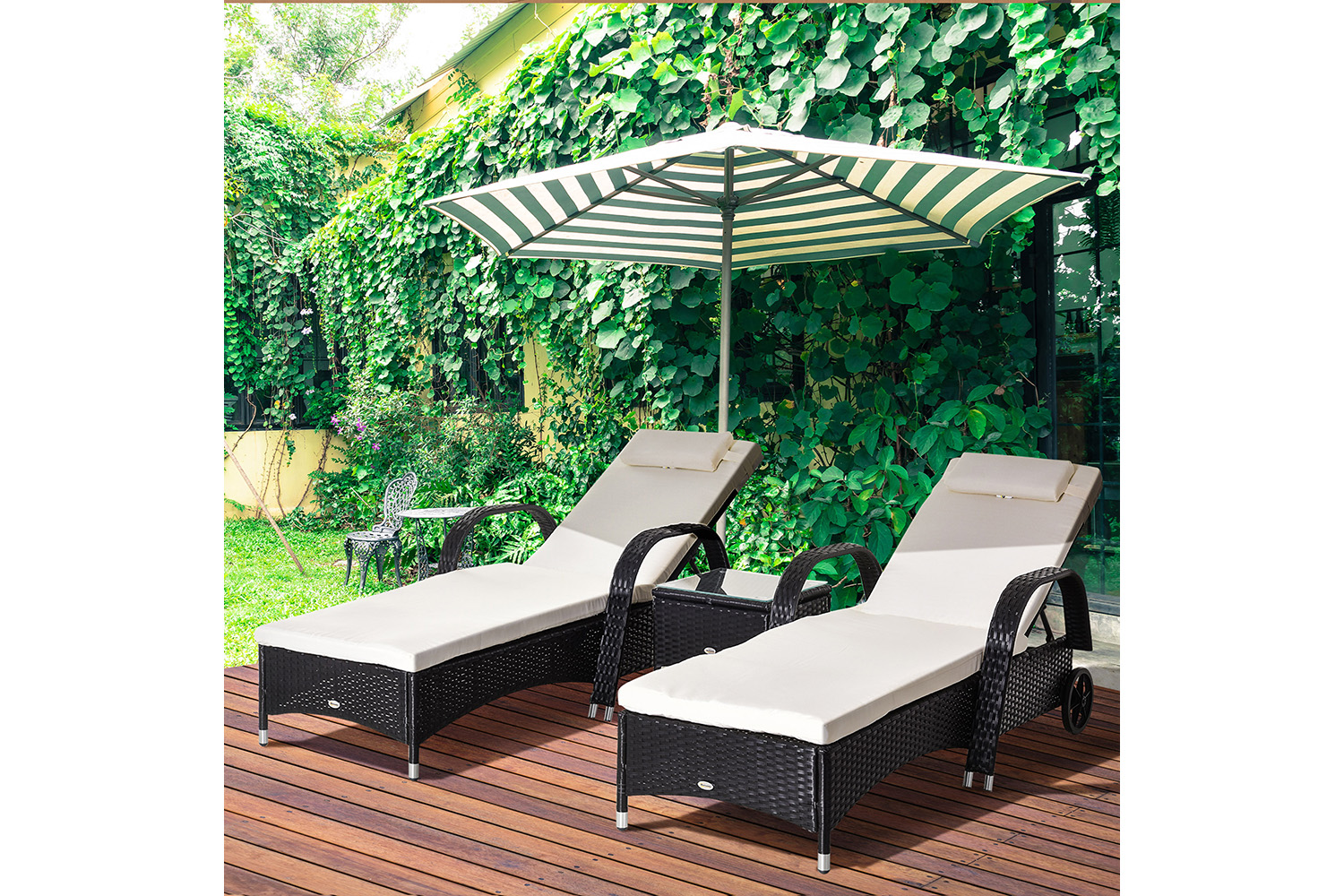 Outsunny Rattan Patio Lounge Chair Set with Cushion | Black/Cream White | 3 Pieces