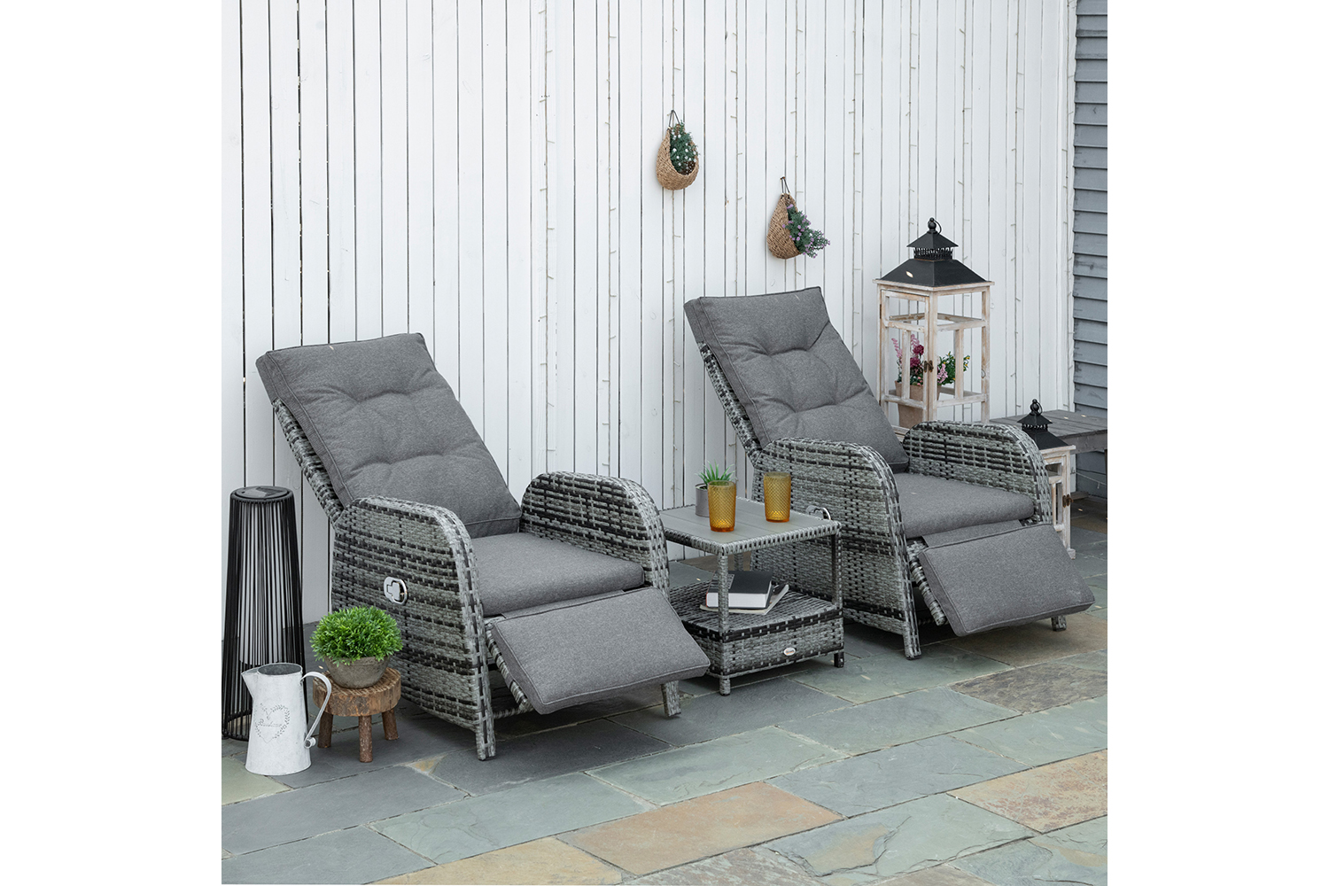 Outsunny Patio Rattan Wicker Chaise Lounge Sofa Set with Cushion | 3 Piece