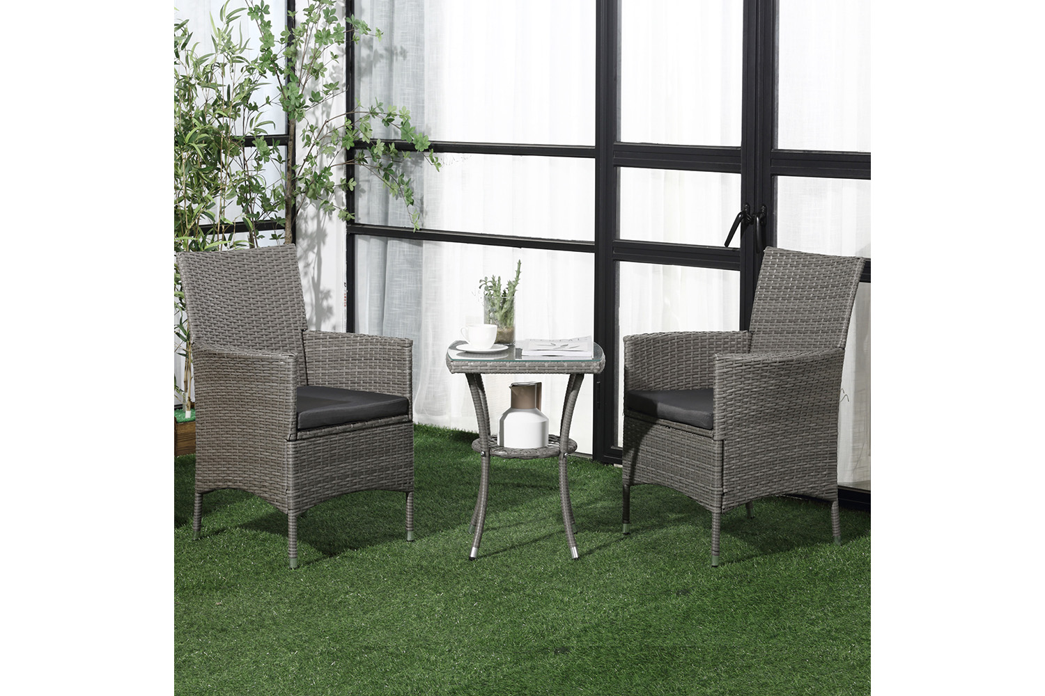 Outsunny Rattan Furniture Bistro Set Chair Table Set | Light Grey | 3 Pieces