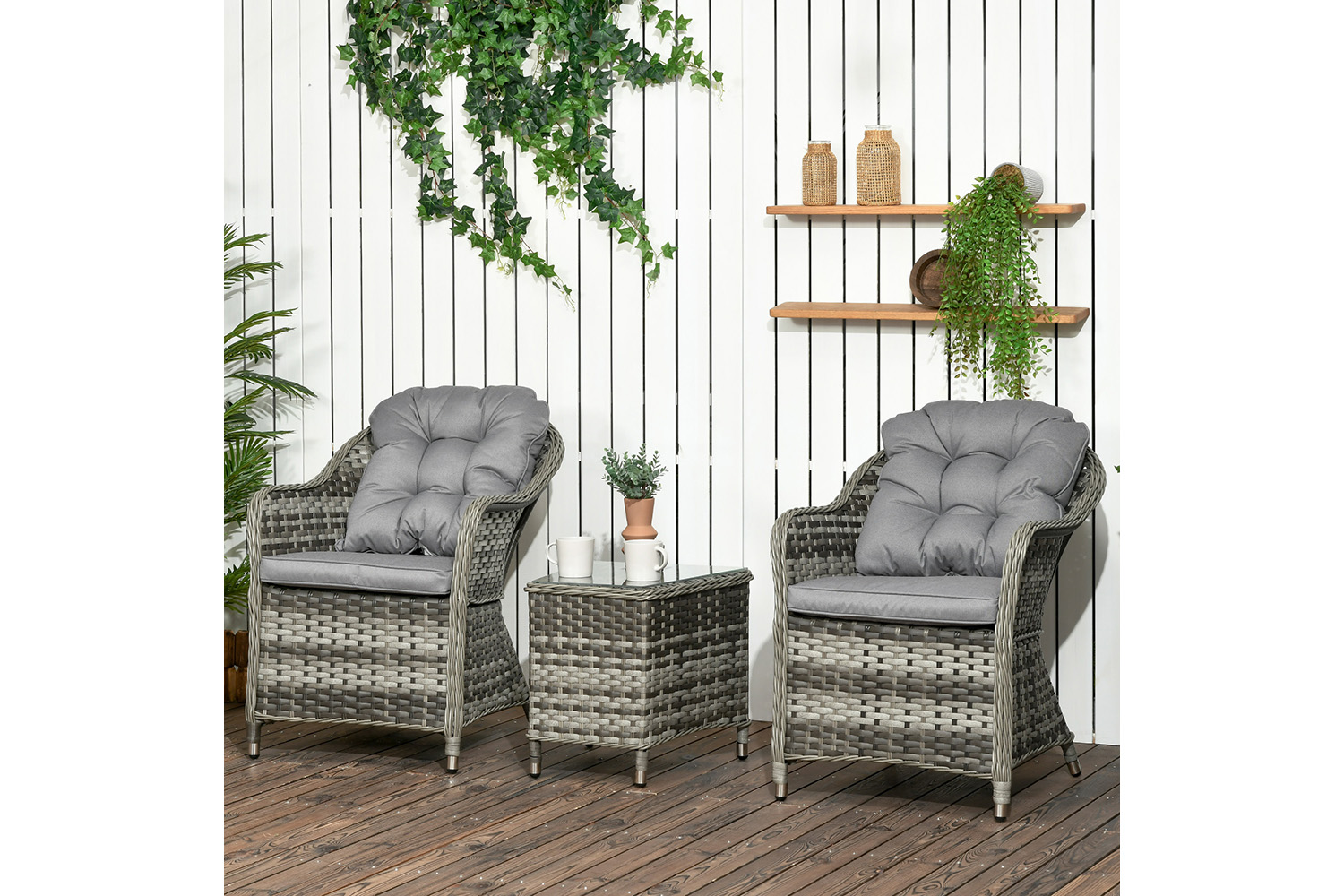 Outsunny Rattan Seating Set 2 Armchairs & Table with Cushions | 3 Pieces | Grey