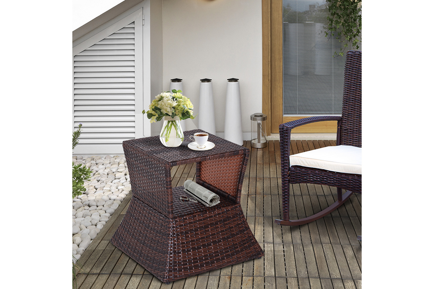 Outsunny Outdoor Patio Rattan Wicker Coffee Table with Umbrella Hole | Brown