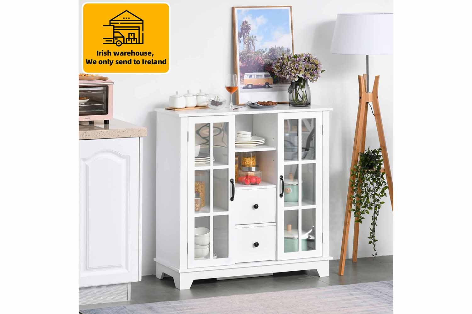 Homcom 2 Glass Doors Kitchen Cabinet | Storage | White