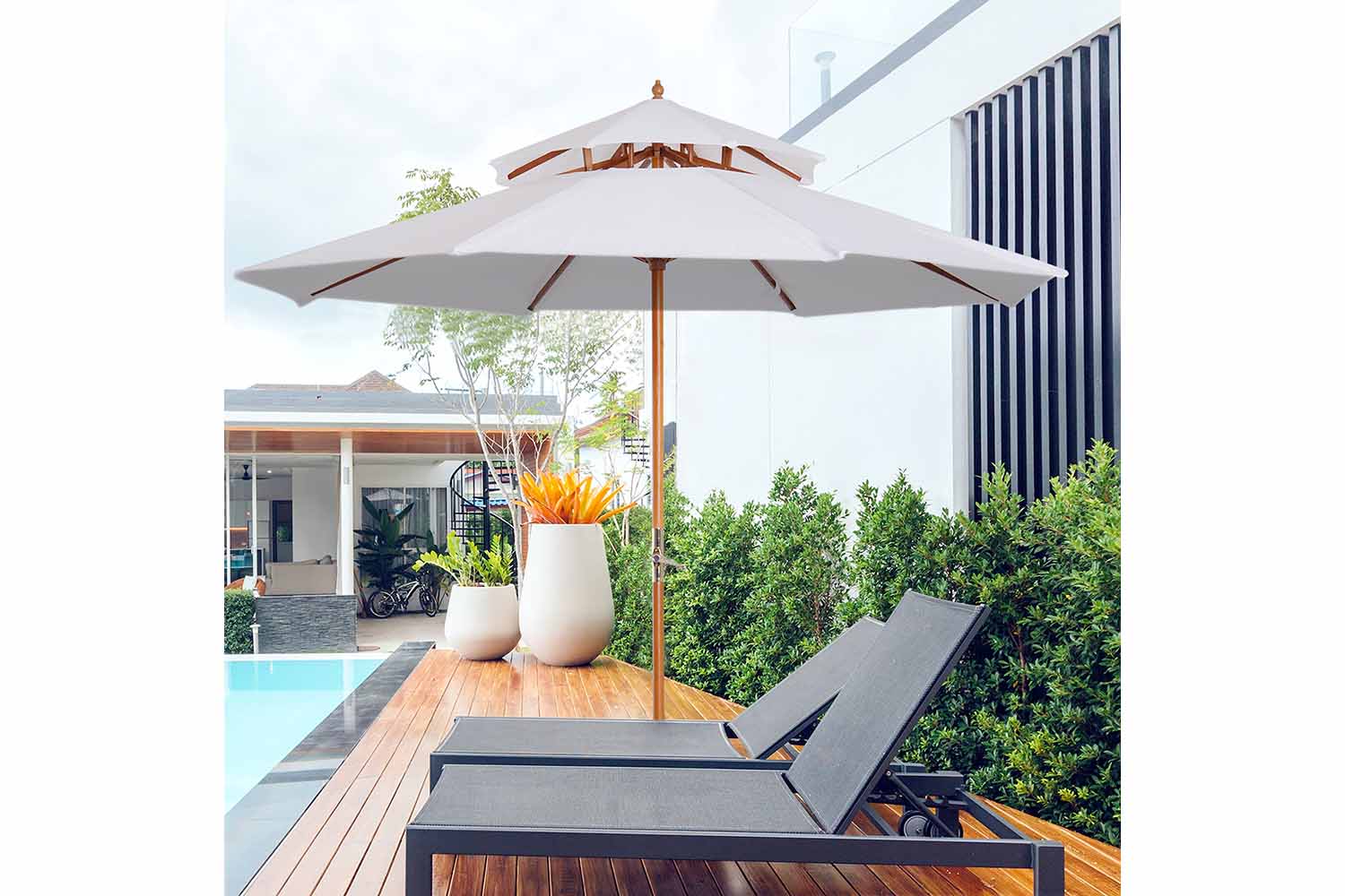 Outsunny 2.7m Double Tier Parasol Umbrella | Cream White/Teak