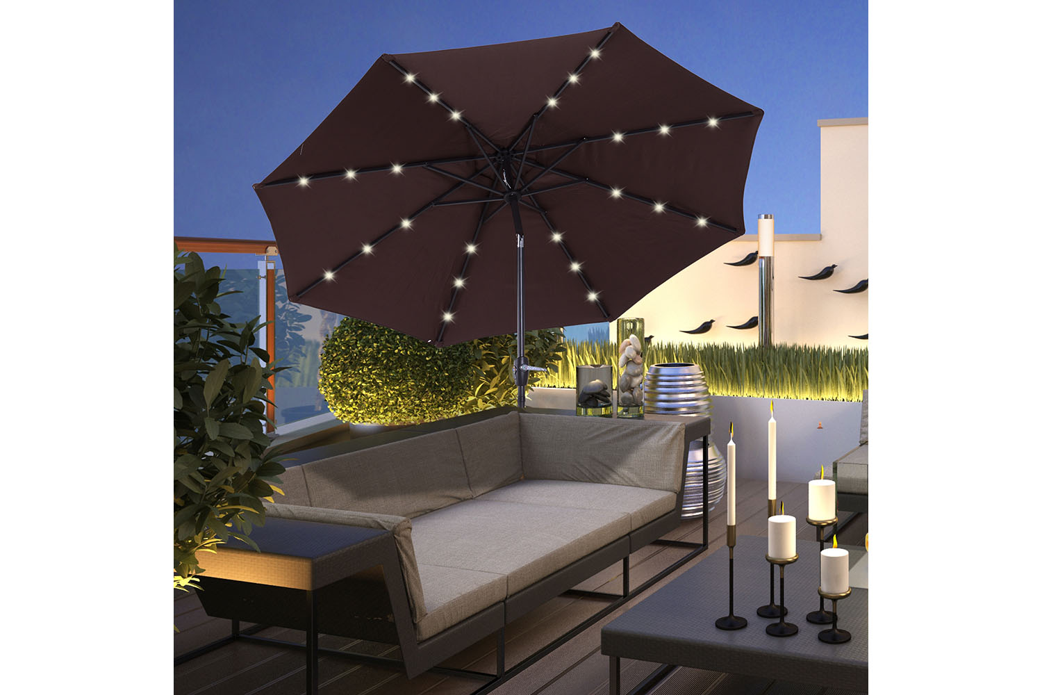 Outsunny 2.7m Solar Outdoor Tilt Sun Umbrella | Brown