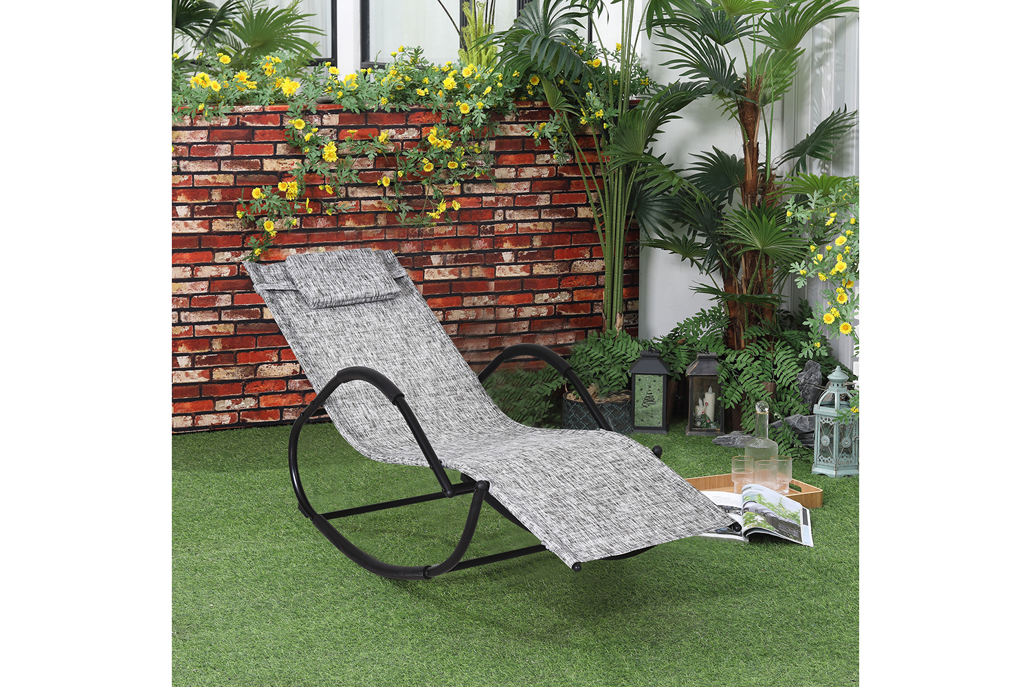 Outsunny Zero Gravity Rocking Chair with Pillow | Black/Grey