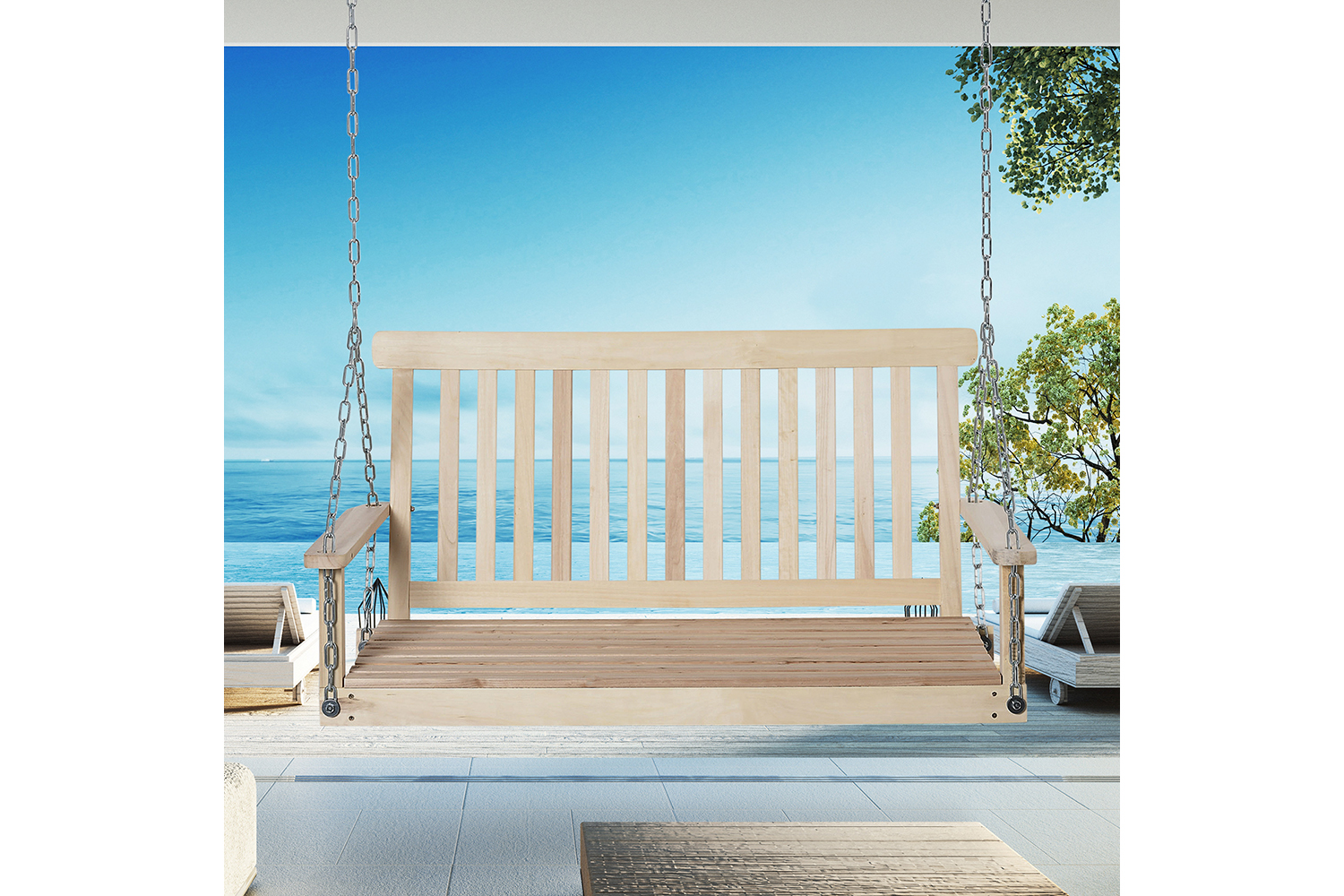 Outsunny Outdoor 2 Seater Wooden Swing Chair with Hanging Chain | Natural