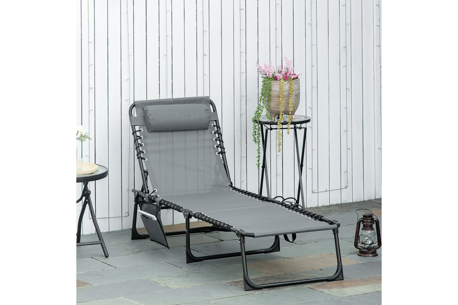 Outsunny Portable Sun Lounger Folding Camping Bed | Grey