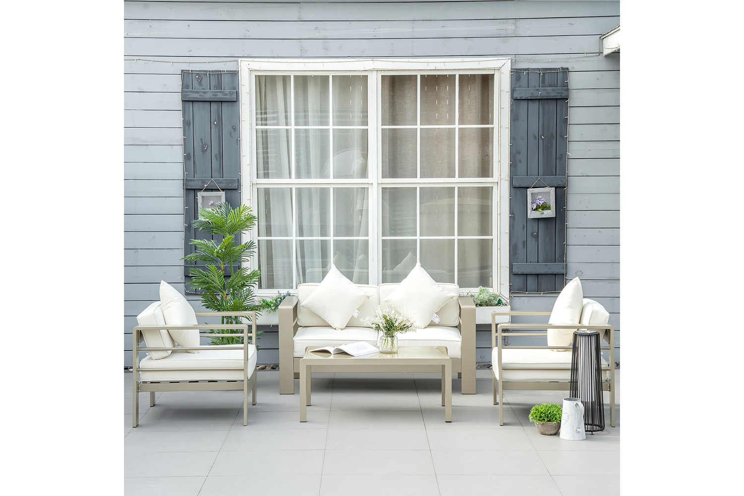 Outsunny Outdoor Garden Furniture Set with 2 Chairs, and Glass Top Table | Champagne gold/Light Khaki | 4 Pieces