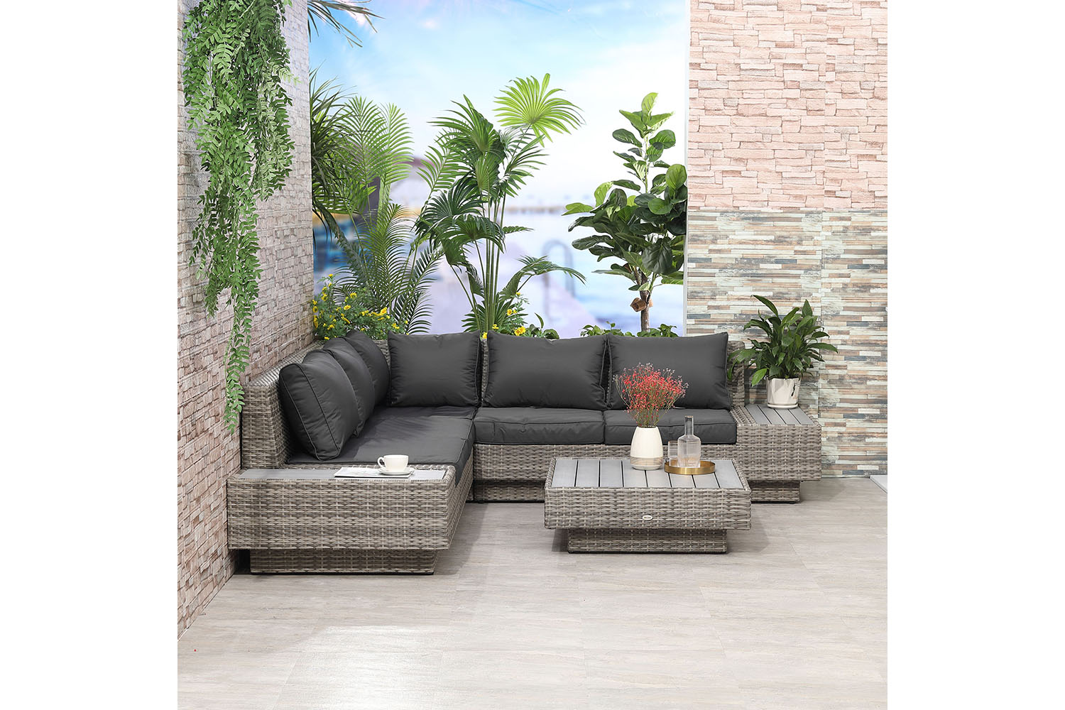 Outsunny Rattan Sofa and Coffee Table Set | Grey