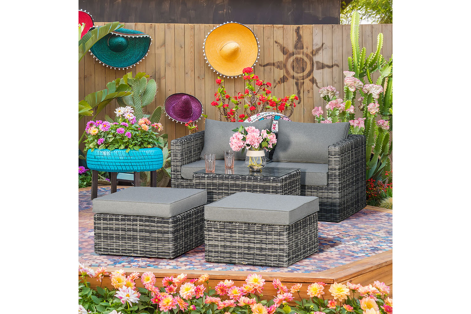 Outsunny Rattan Garden Sofa Set with Glass Top Table | 5 Pieces | Grey