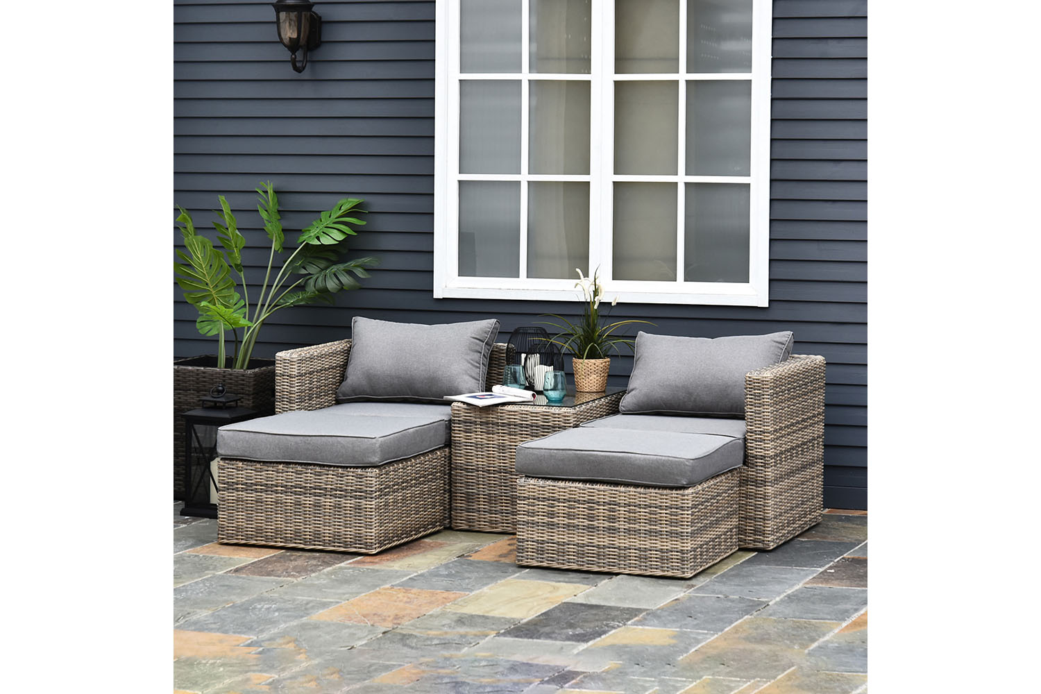 Outsunny Rattan Garden Sofa Set with Glass Top Table | 5 Pieces | Grey