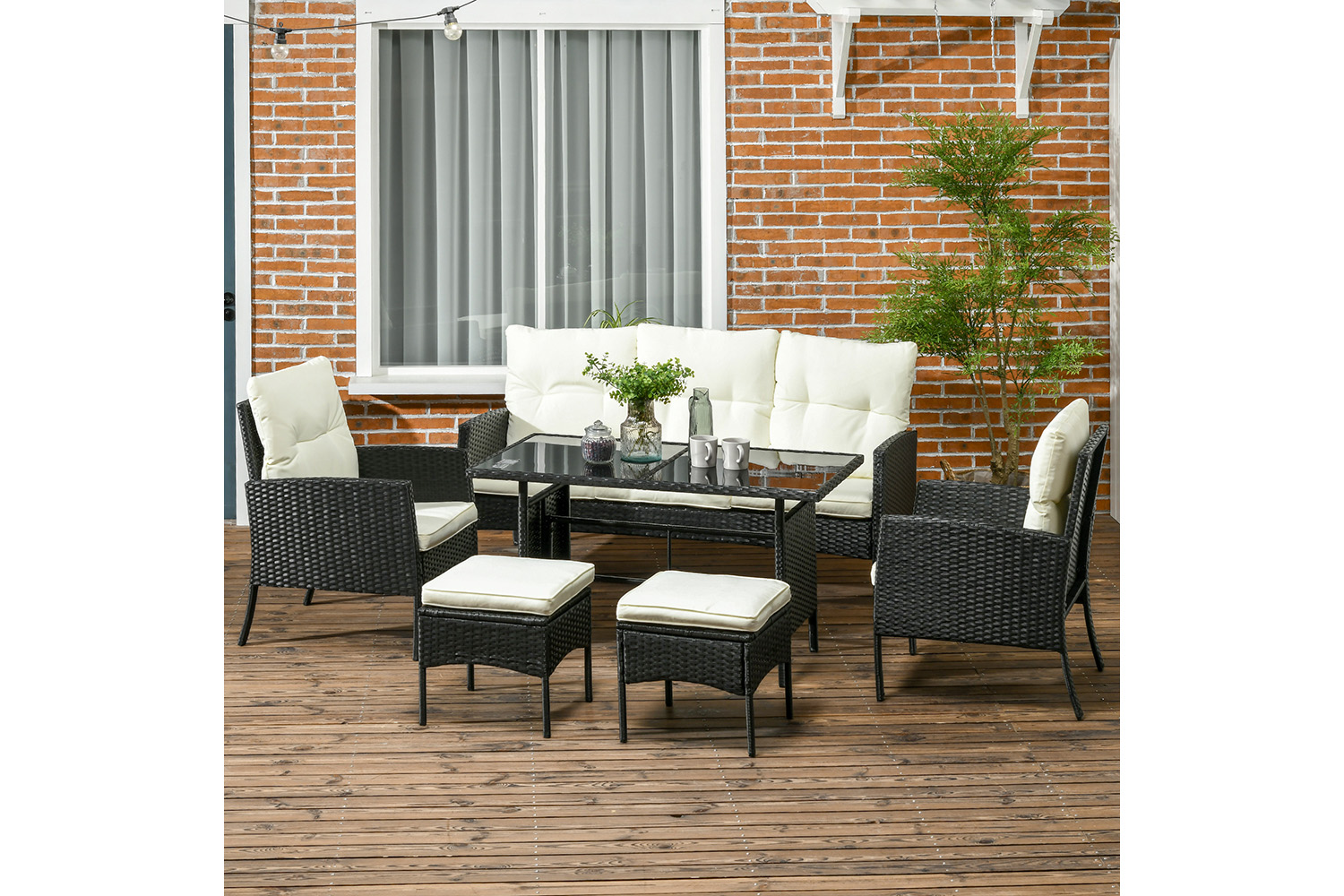Outsunny 5 Seater Rattan Garden Furniture Set | Black/White | 6 Pieces