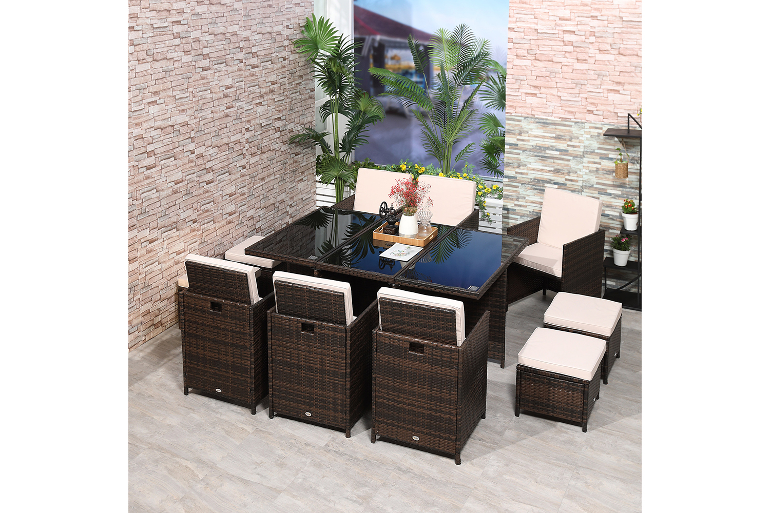 Outsunny 11 Seater Rattan Dining Set with Parasol Hole | Brown