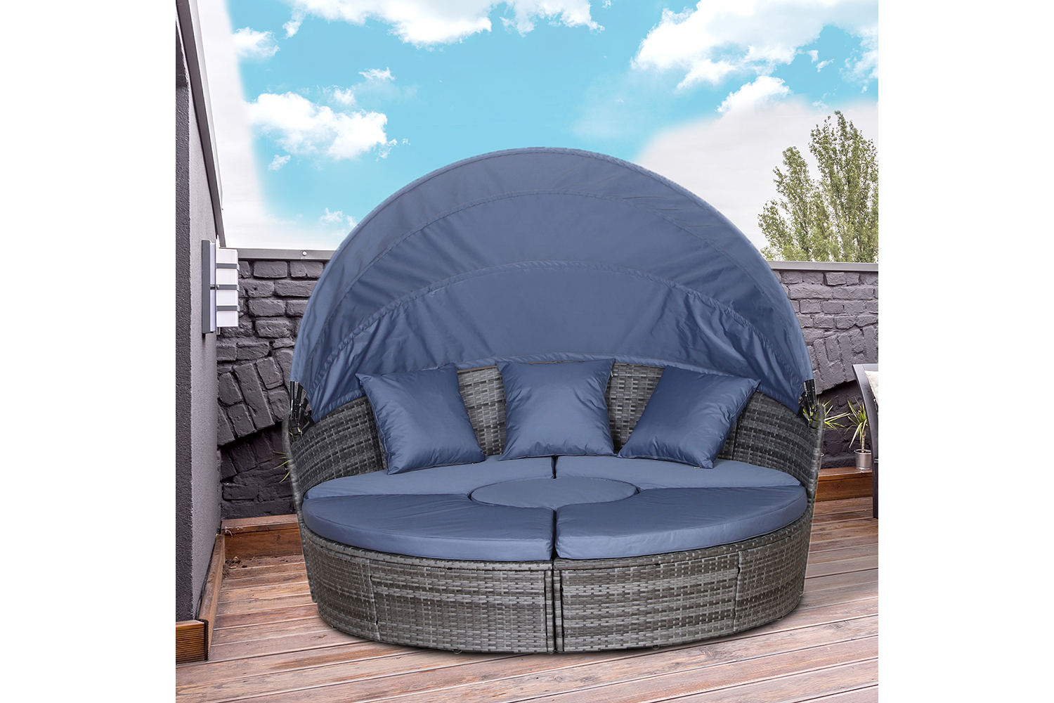 Outsunny 6 Seater Rattan Sun Bed Furniture Set | Grey/Blue | 5 Pieces
