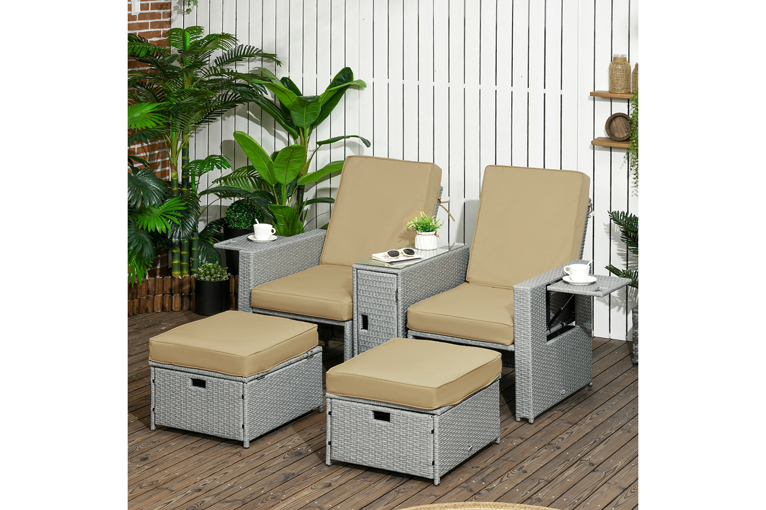 Outsunny Rattan Sun Lounger with Footstool | Khaki/Beige | 5 Pieces
