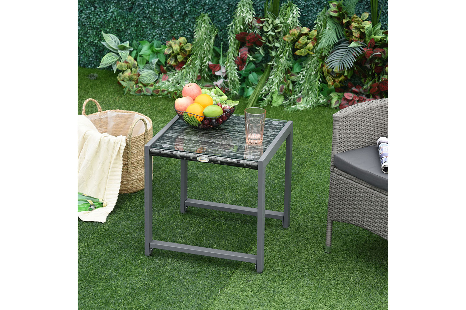 Outsunny Rattan End Table Outdoor Coffee Table | Grey