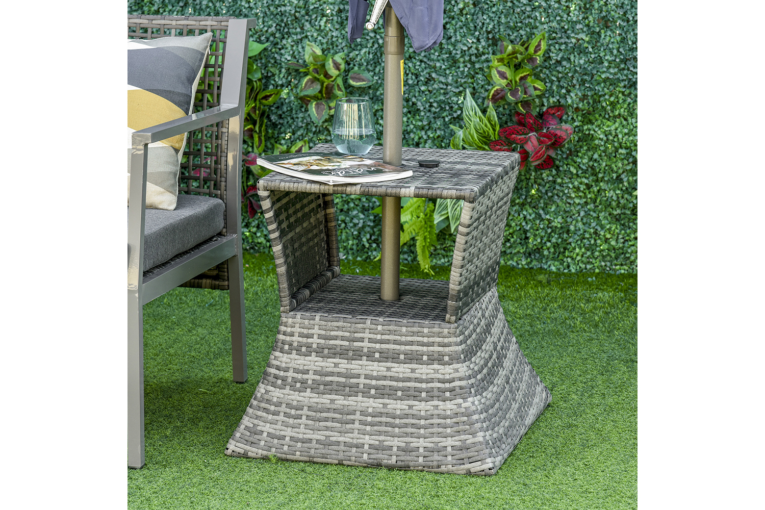 Outsunny Rattan Bistro Side Table with Umbrella Hole | Mixed Grey