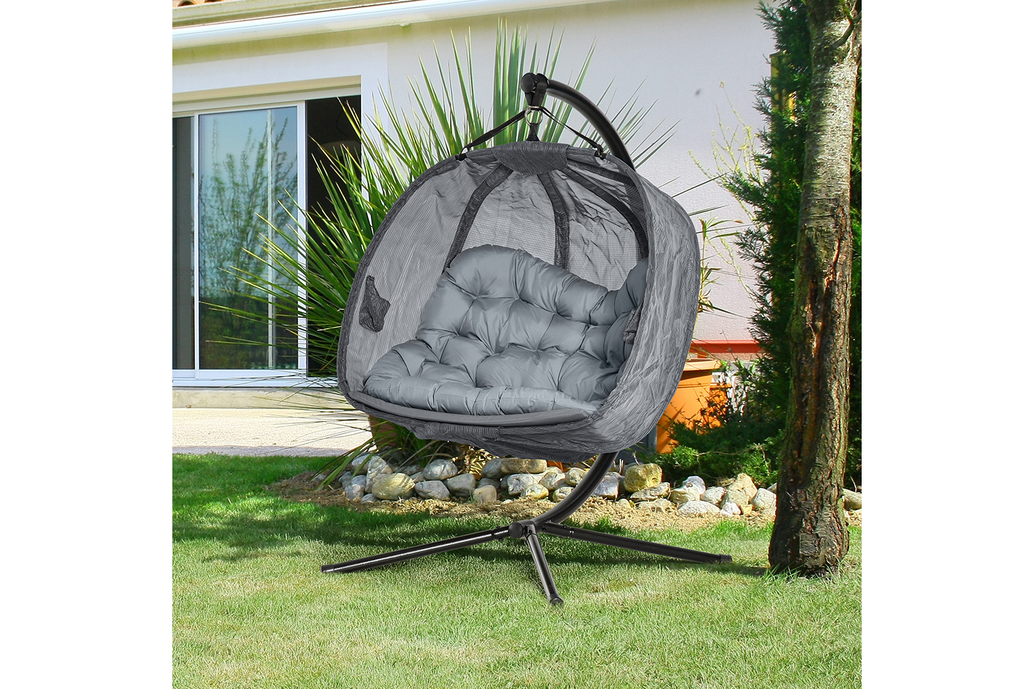 Outsunny 2 Seaters Hanging Egg Chair with Cushion | Black/Grey
