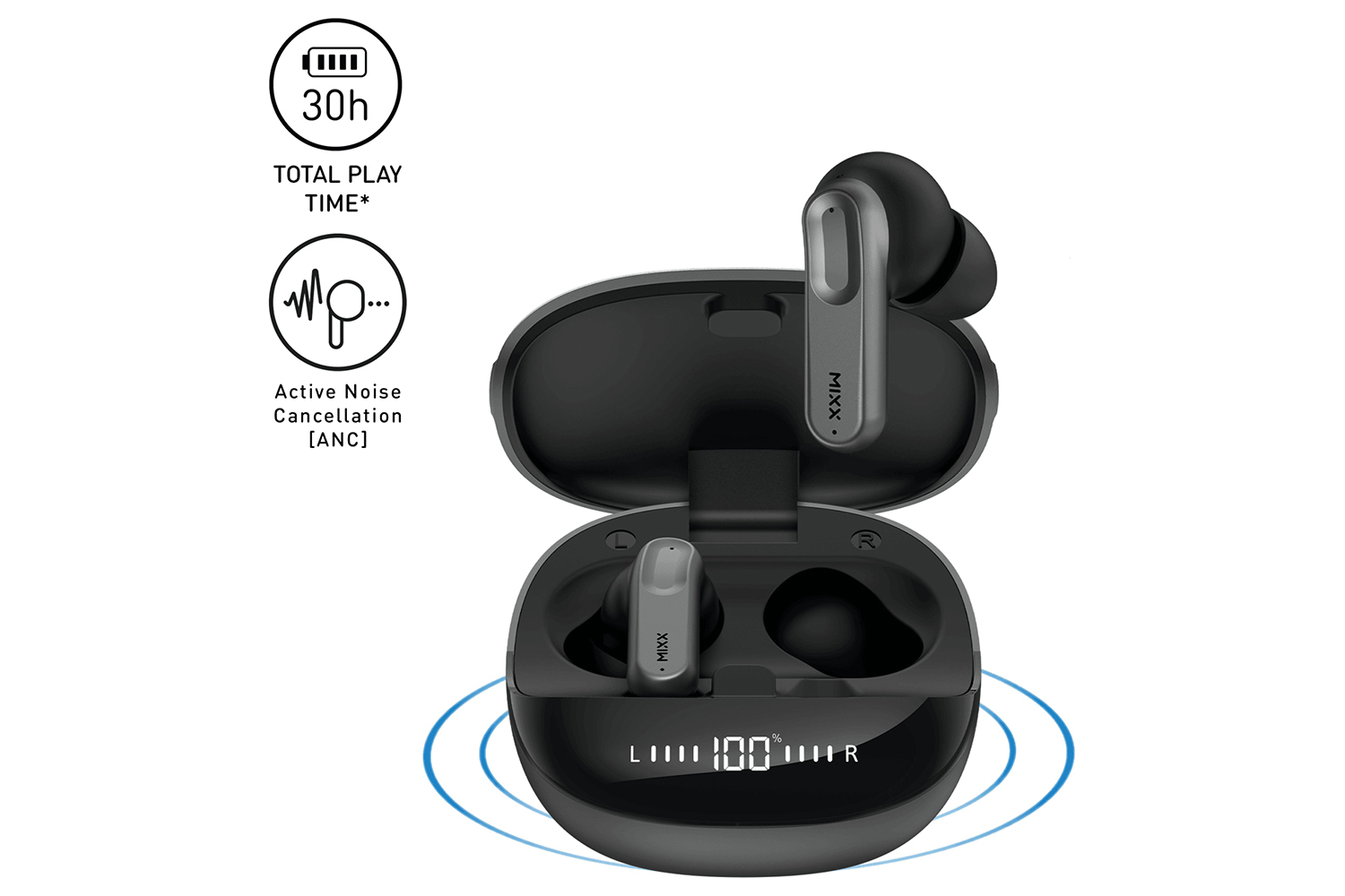 Mixx Streambuds Charge ANC In-Ear Wireless Active Noise Cancelling Earbuds | Black