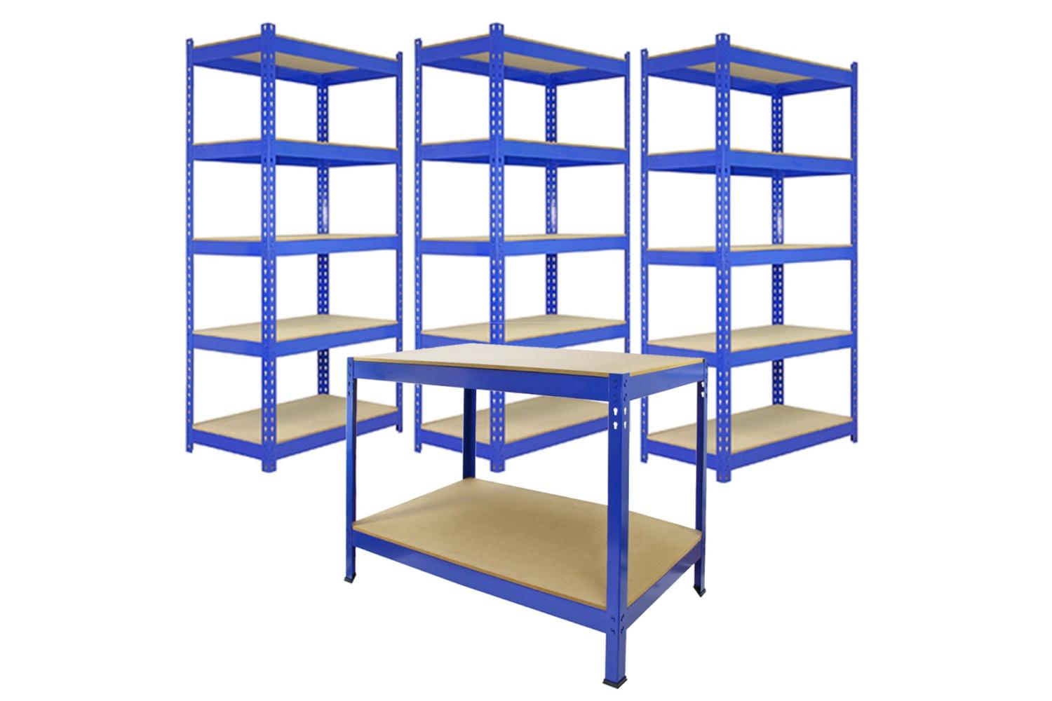 Monstershop 3 x 90cm Q-Rax Metal Racking Units & Workbench | Blue