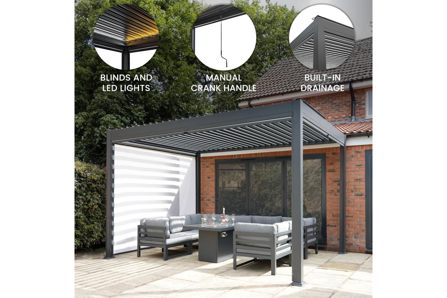 4m x 3m Aluminium Pergola with Blinds & LED Lights Dark