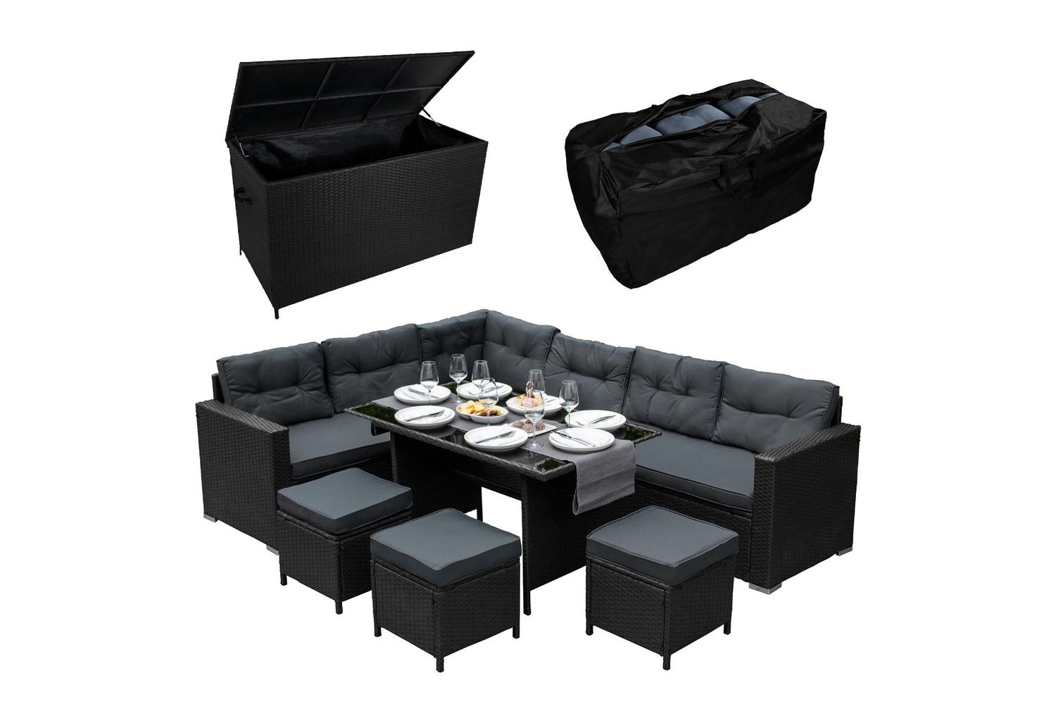 Rattan Corner Sofa Set & Cushion Storage Box Black/Grey