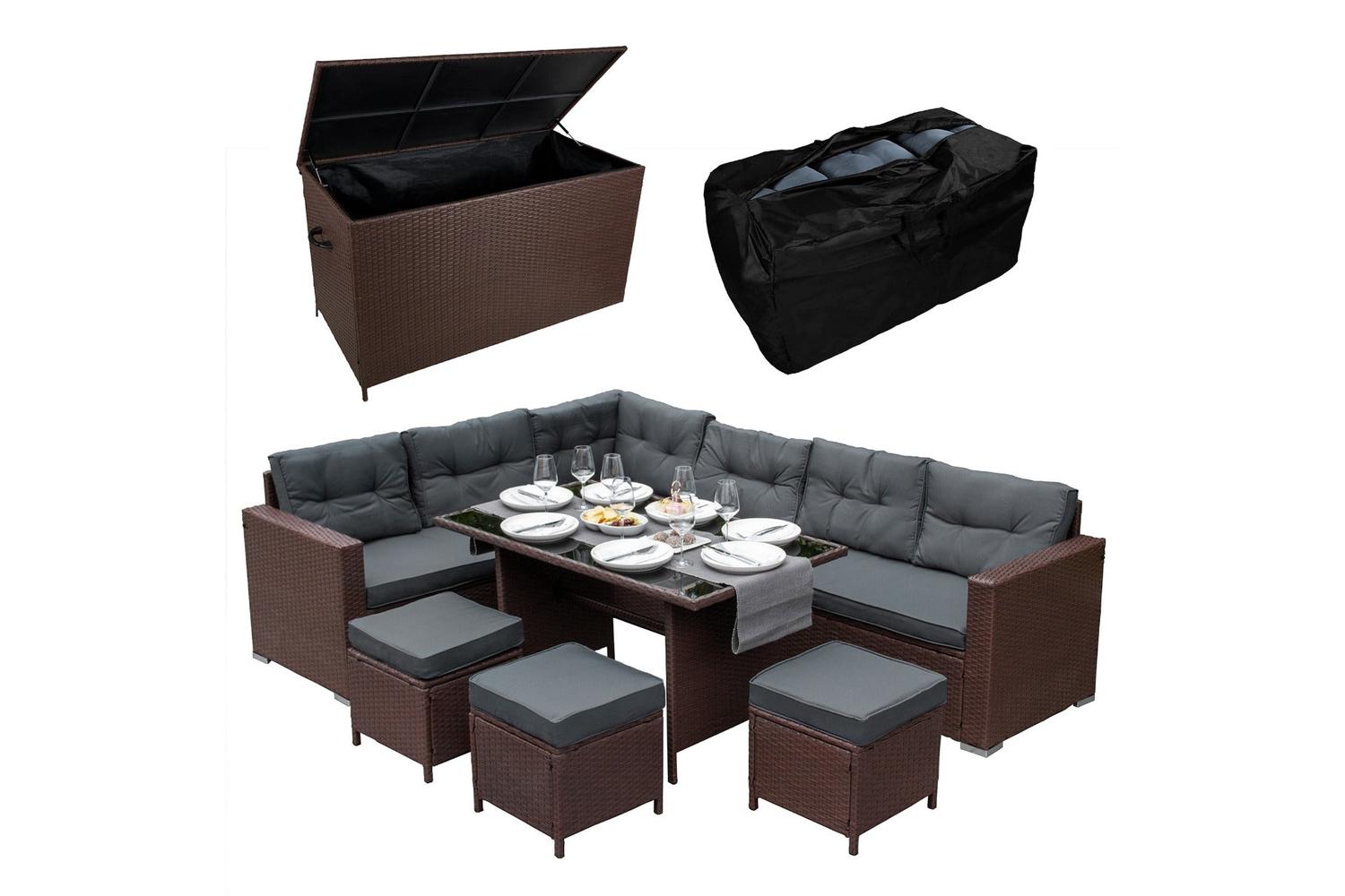 Monstershop Rattan Corner Sofa Set & Cushion Storage Box | Brown/Grey