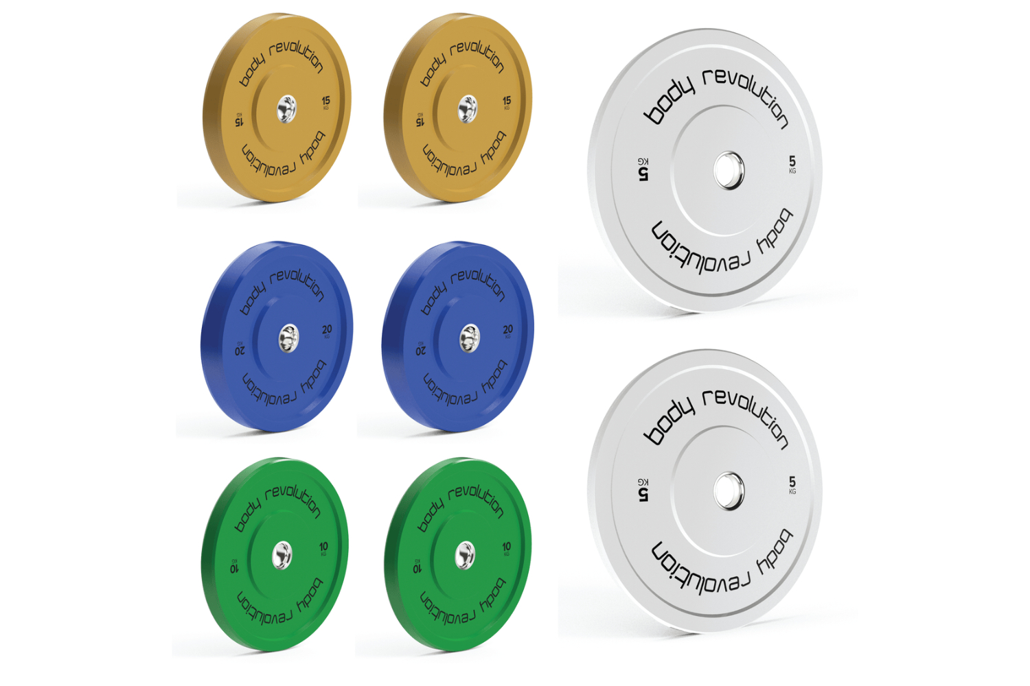 Body Revolution Olympic Bumper Plates Colour 100kg 2x5kg 2x10kg 2x15kg 2x20kg