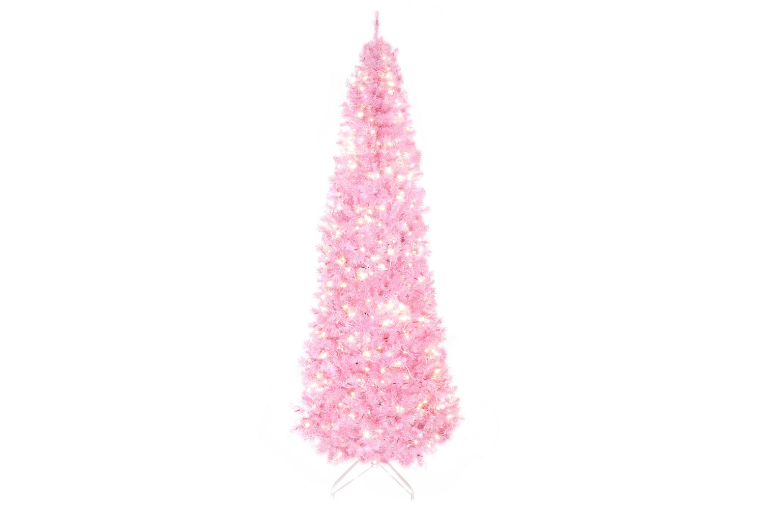 Homcom | Prelit Pencil Slim Christmas Tree | Pink | 6ft