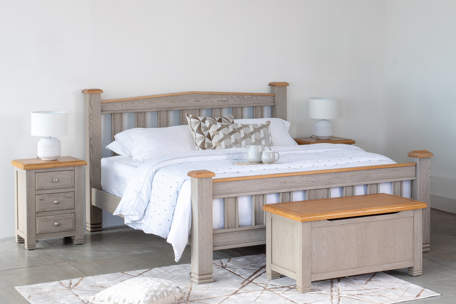Lancaster Bed Frame | Double | 4ft6 | Aged Grey/Oak